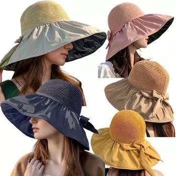 Женская летняя шляпа от солнца с широкими полями, пляжная кепка с защитой от ультрафиолета, модный дизайн из полой соломы розовый