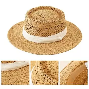 Женская летняя шляпа от солнца соломенная плетеная в стиле ретро в английском стиле с плоским верхом, сплошная цветная шляпа с широкими полями, защита от УФ-лучей, пляжная кепка для отпуска A