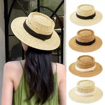 Женская летняя шляпа от солнца соломенная плетеная в стиле ретро в английском стиле с плоским верхом, сплошная цветная шляпа с широкими полями, защита от УФ-лучей, пляжная кепка для отпуска D