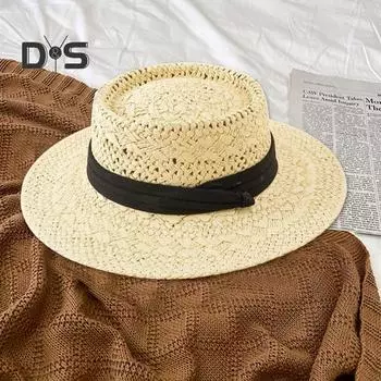 Женская летняя шляпа от солнца соломенная плетеная в стиле ретро в английском стиле с плоским верхом, сплошная цветная шляпа с широкими полями, защита от УФ-лучей, пляжная кепка для отпуска A