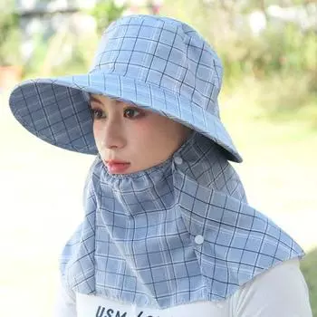 Женская летняя шляпа от солнца в клетку с большими полями, солнцезащитная шляпа для защиты лица, шаль, дизайн, уличная чайная шляпа для работы на ферме синий