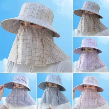Женская летняя шляпа от солнца в клетку с большими полями, солнцезащитная шляпа для защиты лица, шаль, дизайн, уличная чайная шляпа для работы на ферме синий