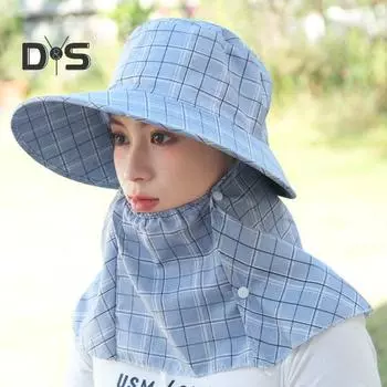 Женская летняя шляпа от солнца в клетку с большими полями, солнцезащитная шляпа для защиты лица, шаль, дизайн, уличная чайная шляпа для работы на ферме синий