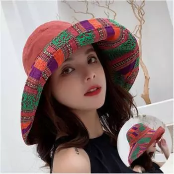 Женская летняя шляпа-рыбак с большими полями, двухсторонняя, солнцезащитная, этническая, ветровая, пляжная, солнцезащитная шляпа