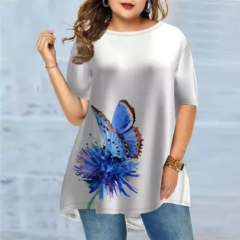 Женская летняя синяя футболка с принтом одуванчика больших размеров, удобная футболка с короткими рукавами и круглым вырезом, повседневная мешковатая футболка средней длины XS фиолетовый