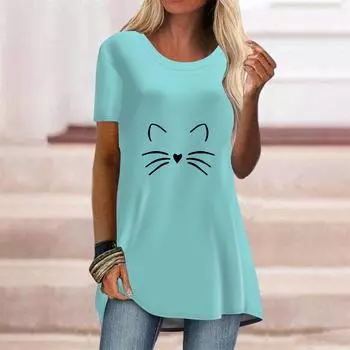 Женская летняя синяя кошачья морда размера плюс, удобная футболка с короткими рукавами и круглым воротником, повседневные мешковатые футболки средней длины XS циан
