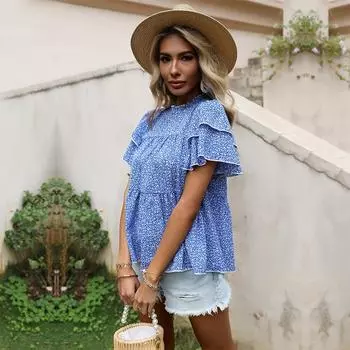 Женская летняя синяя рубашка с круглым вырезом и коротким рукавом с маленькими фрагментированными цветами, блузки S синий