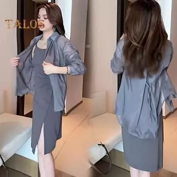 Женская летняя солнцезащитная рубашка с лацканами и длинными рукавами сзади, шифоновые топы на шнуровке, сплошной цвет, однобортный свободный крой, тонкая куртка-топ S хаки