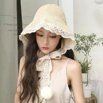 Женская летняя соломенная шляпа-панама с кружевными ремешками от солнца