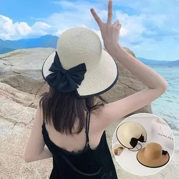 Женская летняя соломенная шляпа с милым бантом и широкими полями, складная солнцезащитная рыбацкая панама, кепка, элегантная кепка для отдыха на пляже и путешествий One Size