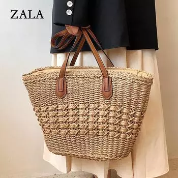 Женская летняя соломенная тканая сумка через плечо с ручкой сверху, модная пляжная большая вместительная вязаная сумка-тоут для покупок 26x12x26cm бежевый