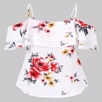 Женская летняя струящаяся блузка с цветочным принтом и открытыми плечами, с оборками, с коротким рукавом, большие размеры, сексуальные топы XXXXXL белый