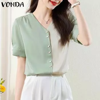 Женская летняя свободная блузка с круглым вырезом и короткими рукавами в стиле пэчворк, сплошной цвет