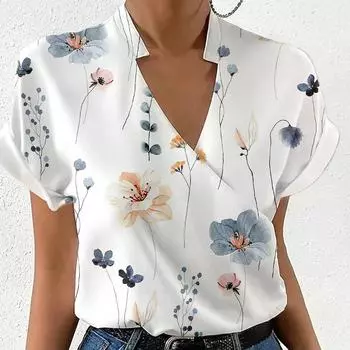 Женская летняя свободная блузка с принтом и V-образным вырезом S