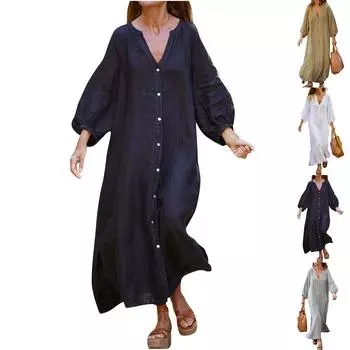 Женская летняя свободная длинная рубашка без воротника, модные повседневные платья из хлопка и льна XL хаки