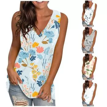 Женская летняя свободная футболка без рукавов с v-образным вырезом и принтом, жилет, топы, блузка L синий
