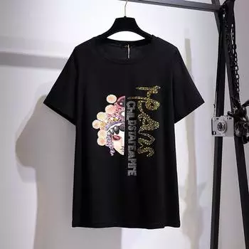 Женская летняя свободная футболка больших размеров с коротким рукавом и принтом, модные свободные повседневные женские топы 2XL чёрный