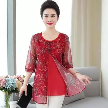 Женская летняя свободная футболка больших размеров с элегантным кружевным топом со средним рукавом для людей среднего и пожилого возраста 5XL красный