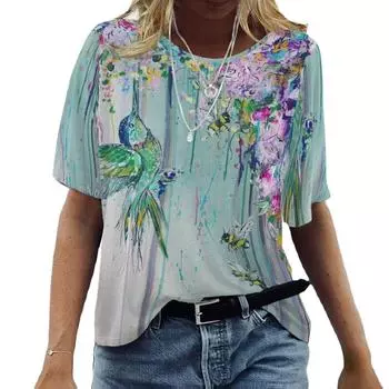 Женская летняя свободная футболка с коротким рукавом с круглым вырезом и винтажным цветочным узором S-5XL, топы больших размеров S