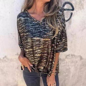 Женская летняя свободная футболка с леопардовым принтом, женская футболка с V-образным вырезом и средним рукавом S чёрный