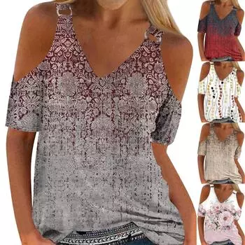 Женская летняя свободная футболка с полым V-образным вырезом и коротким рукавом с принтом L хаки