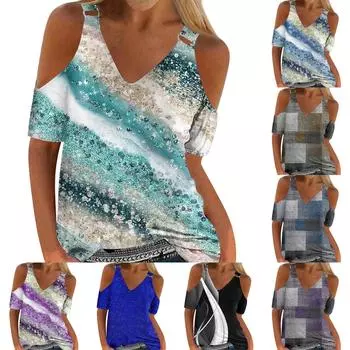 Женская летняя свободная футболка с полым V-образным вырезом и коротким рукавом с принтом L чёрный