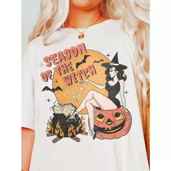 Женская летняя свободная футболка с принтом лозунга и ведьмы, с круглым вырезом и заниженными плечами, повседневная футболка, одежда на Хэллоуин S
