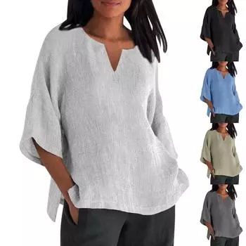 Женская летняя свободная футболка с v-образным вырезом и рукавами три четверти, хлопок и лен, однотонный повседневный топ L чёрный