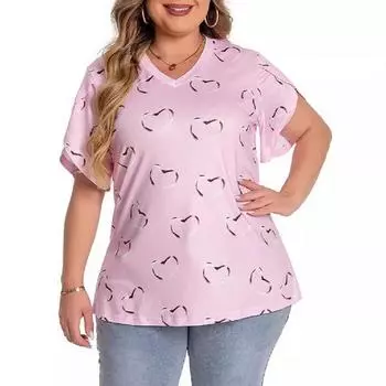 Женская летняя свободная футболка с v-образным вырезом и принтом Love с короткими рукавами и короткими рукавами, повседневная дышащая легкая футболка для работы и отпуска, плюс топ(XL~5XL) XL розовый
