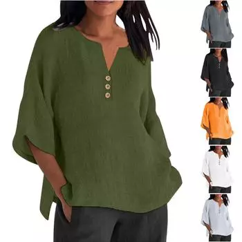 Женская летняя свободная футболка с v-образным вырезом и рукавами три четверти, хлопок и лен, однотонный повседневный топ XL