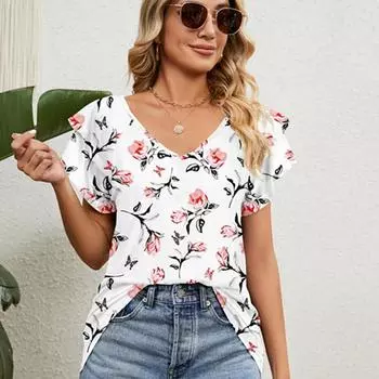 Женская летняя свободная футболка с v-образным вырезом с принтом и двойными рюшами на рукавах S белый