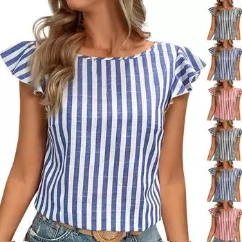 Женская летняя свободная футболка в полоску без рукавов с v-образным вырезом