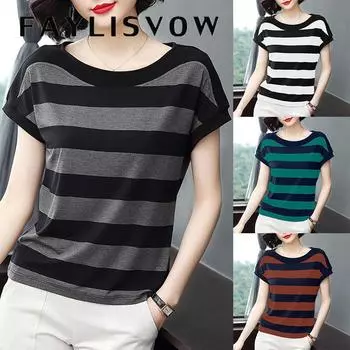 Женская летняя свободная футболка в полоску с принтом, топы с круглым воротником и короткими рукавами XXXL