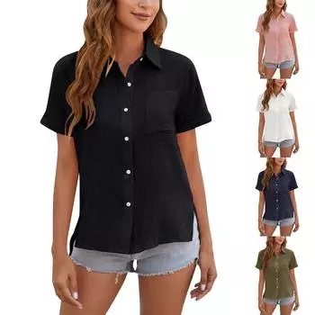 Женская летняя свободная хлопково-льняная рубашка с короткими рукавами и отворотами на пуговицах, топ L