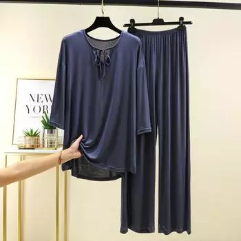 Женская летняя свободная и удобная футболка с рукавом три четверти, брюки прямого кроя, комплект пижамы большого размера L