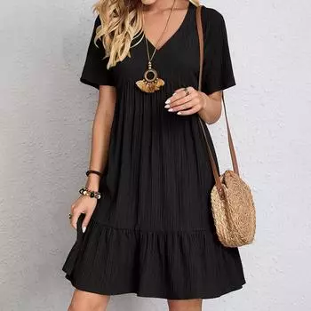 Женская летняя свободная модная повседневная юбка в европейском и американском стиле с короткими рукавами и завязкой на талии XXXL чёрный