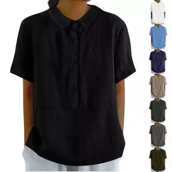 Женская летняя свободная однотонная рубашка с льняным кукольным воротником и короткими рукавами, повседневная лоскутная блузка на пуговицах S синий