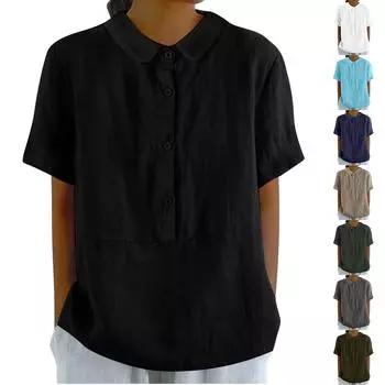 Женская летняя свободная однотонная рубашка с льняным кукольным воротником и короткими рукавами, повседневная лоскутная блузка на пуговицах L