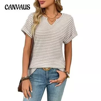 Женская летняя свободная повседневная футболка-пуловер с V-образным вырезом и коротким рукавом в полоску S чёрный