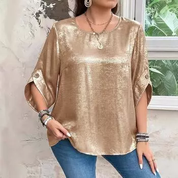 Женская летняя свободная повседневная футболка с круглым вырезом и рукавами-семью точками 1XL золотой