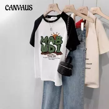 Женская летняя свободная повседневная футболка с принтом контрастных цветов с открытыми плечами и коротким рукавом для женщин с топом M белый/чёрный