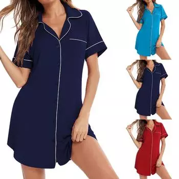Женская летняя свободная повседневная ночная рубашка с пряжкой, рубашка с воротником, ночная рубашка XXL тёмно-синий