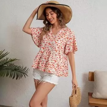 Женская летняя свободная повседневная рубашка с короткими рукавами и V-образным вырезом L красный