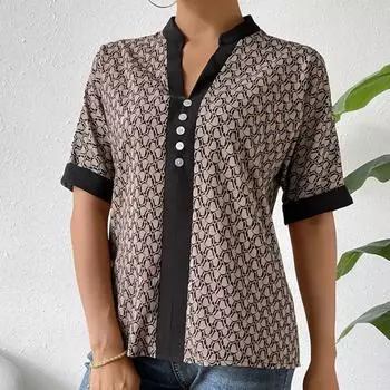 Женская летняя свободная повседневная рубашка со средним рукавом и принтом S коричневый