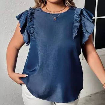 Женская летняя свободная рубашка без рукавов с рюшами и круглым вырезом, однотонная повседневная футболка с вырезом сзади, модная рубашка для поездок на работу, дышащий удобный топ XL синий