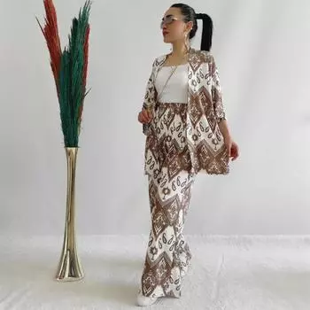 Женская летняя свободная рубашка больших размеров с принтом и средними рукавами, широкие брюки, повседневный костюм S коричневый