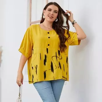 Женская летняя свободная рубашка на пуговицах с графическим принтом и карманом на пуговицах с круглым вырезом и коротким рукавом Тонкая повседневная футболка для поездок на работу Дышащий удобный топ XL жёлтый