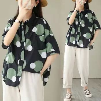 Женская летняя свободная рубашка с принтом в горошек в литературном стиле большого размера, замедляющая старение XXL