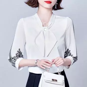 Женская летняя свободная рубашка Temperament Simple Commuter Bow Tie Tops 4XL белый