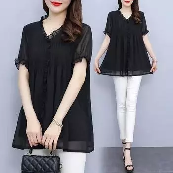 Женская летняя свободная шифоновая рубашка, прикрывающая живот, однотонная футболка с оборками средней длины, большого размера 5XL чёрный